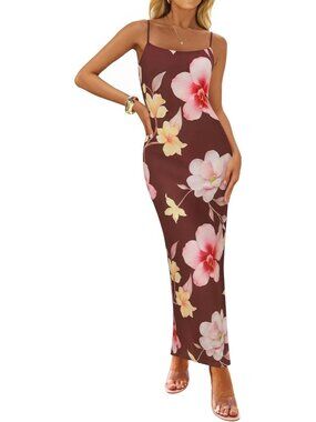 Women’s Brown Floral Bodycon Maxi Square Neck Boho Beach Summer Long Dress